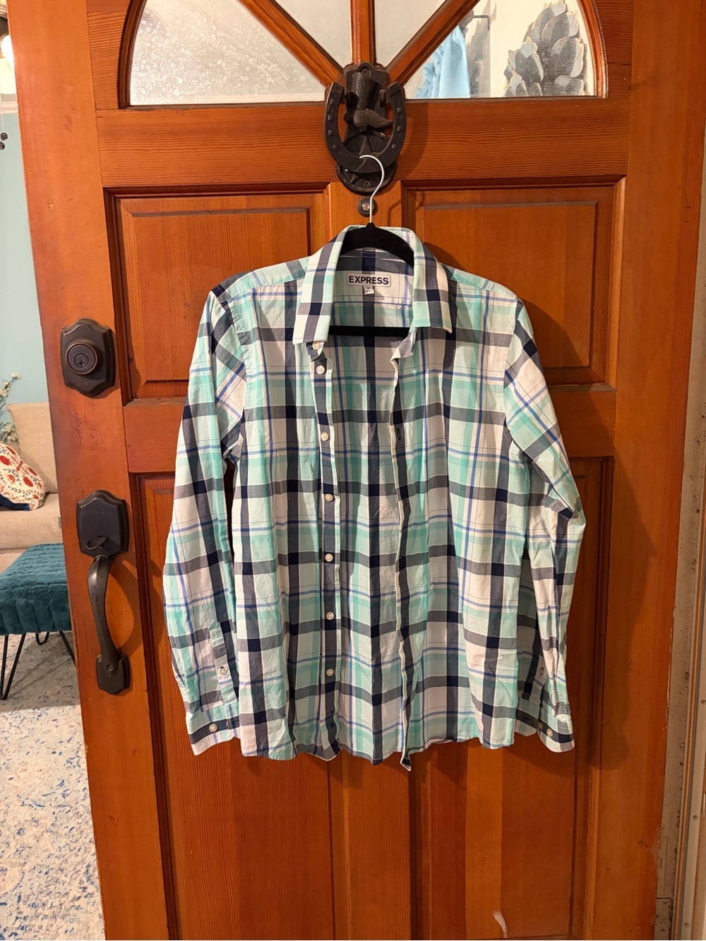 Express Men’s Mint and Navy Plaid Button-Down Shirt